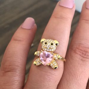 Cute Teddy Bear Heart Stainless Steel Pink crystal zircon open adjustable